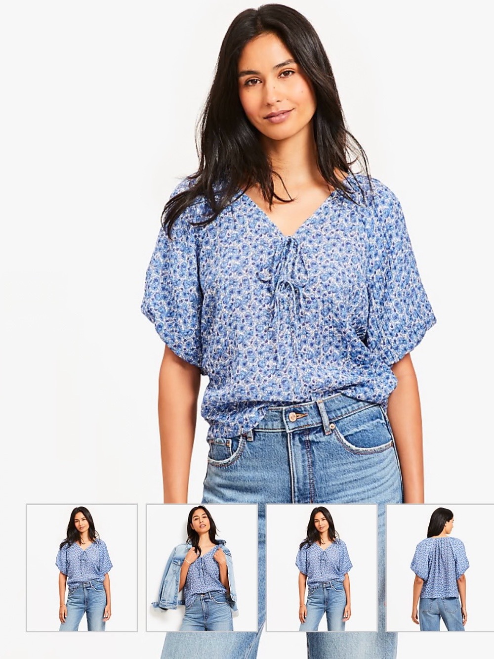 LOFT Blue Floral Tie-Front V-Neck Blouse